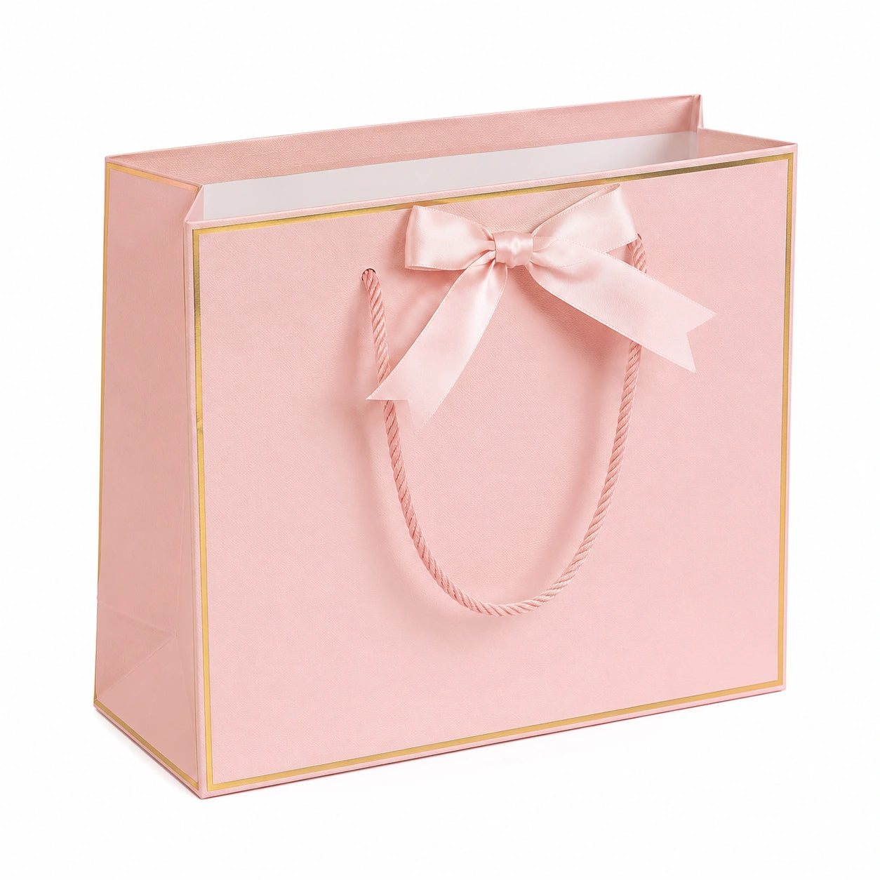 Sacchetto regalo 30 x 12 x 25 cm in carta rosa con manici in corda e fiocco decorativo