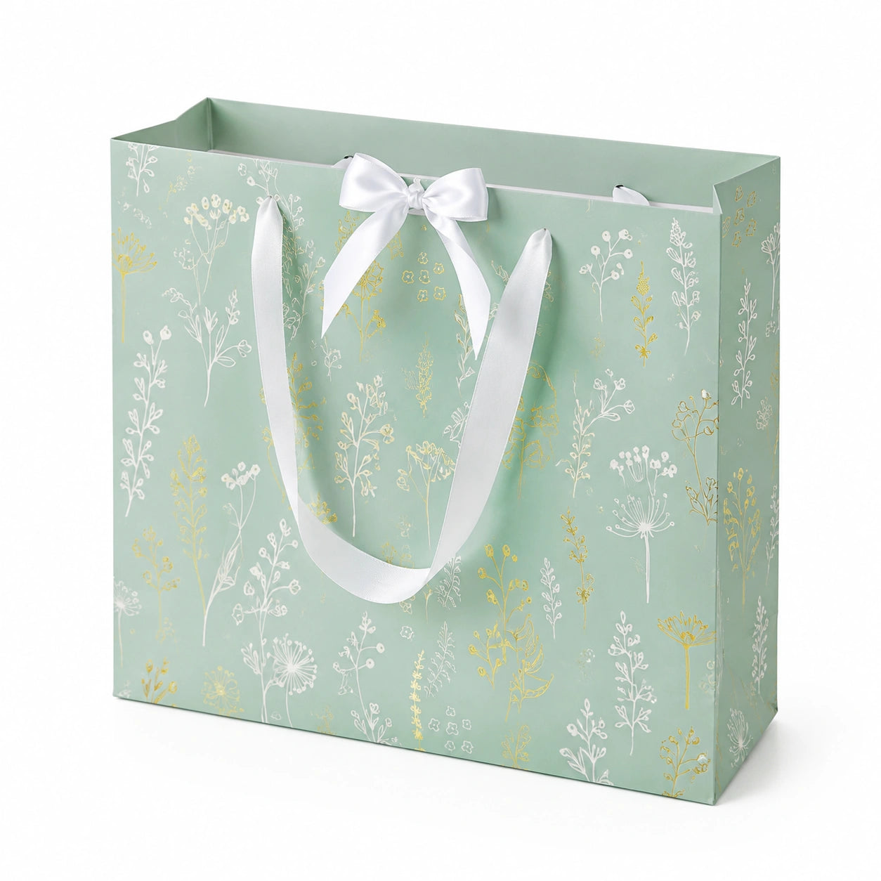 Sacchetto regalo 30 x 12 x 25 cm in carta verde salvia con manici in nastro e motivo floreale