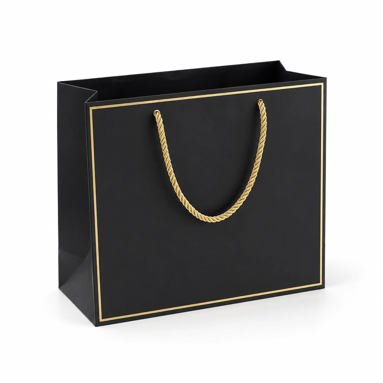 Borsa regalo 30 x 12 x 35 cm in carta nera con manici in corda dorata