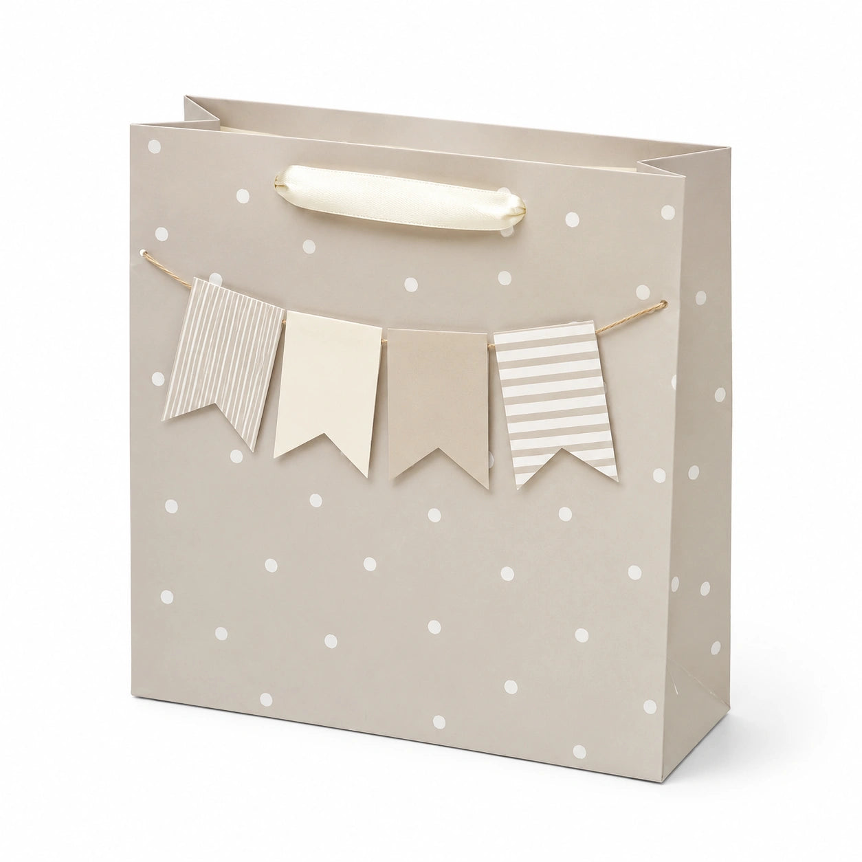 Sacchetto regalo 32 x 12 x 26 cm in carta beige con manici in nastro e motivo a pois