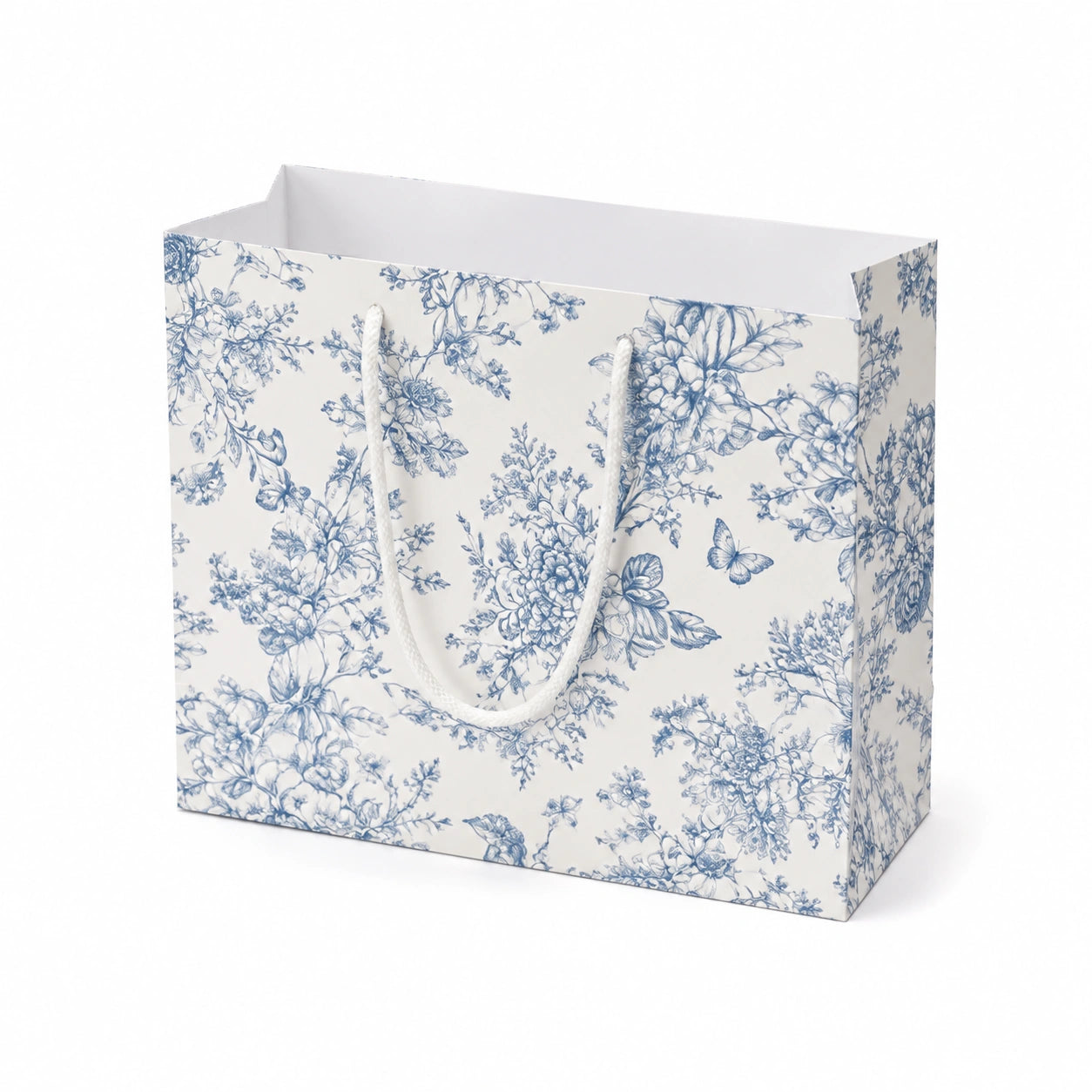 Borsa regalo in carta 26 x 12 x 32 cm bianco/blu con manici in corda stile floreale