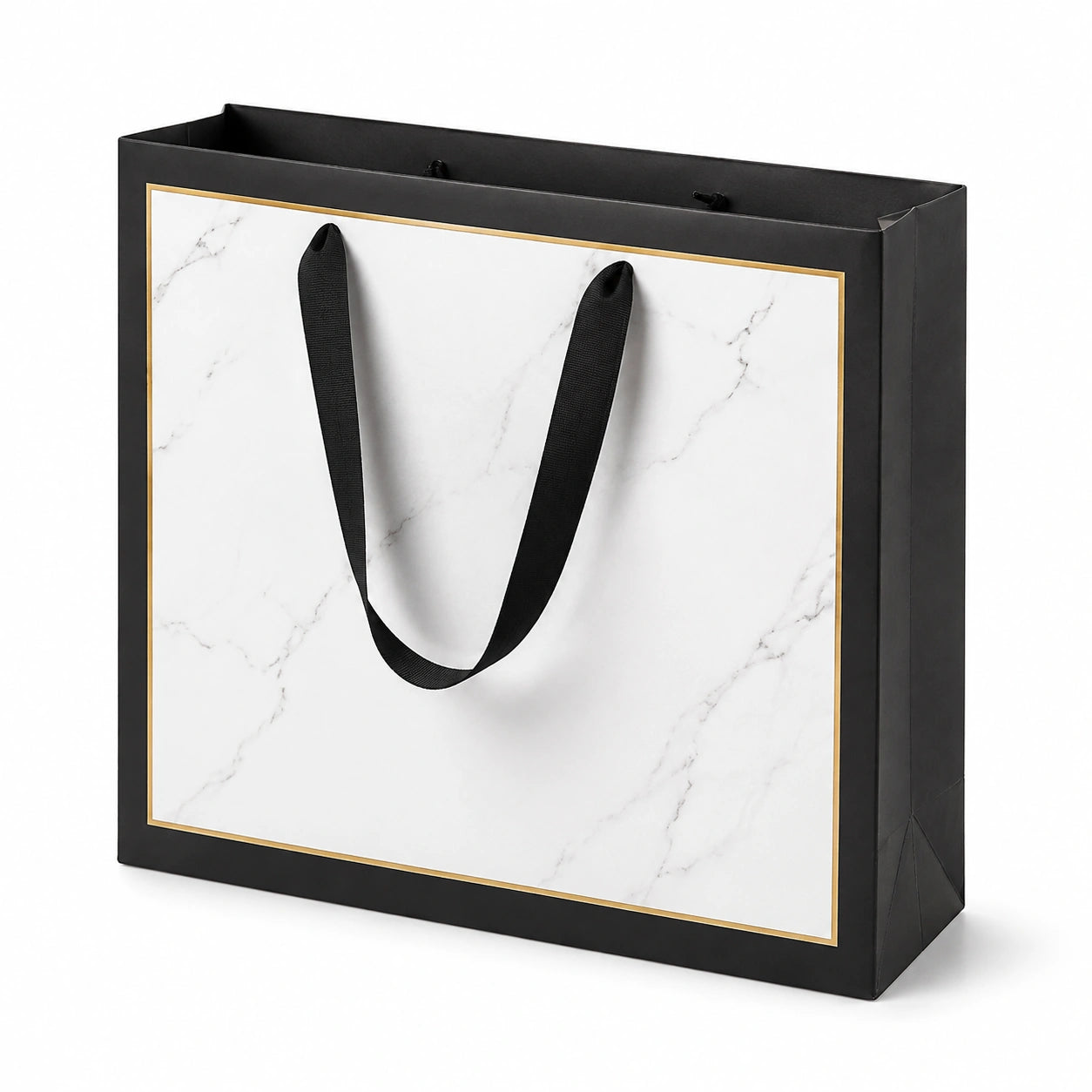 Borsa regalo 35 x 12 x 28 cm in carta nera bianca e oro con manici in nastro stile marmo