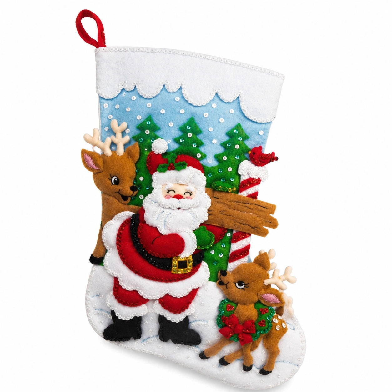 Calza natalizia 45 cm in feltro multicolore da appendere con Babbo Natale e renne