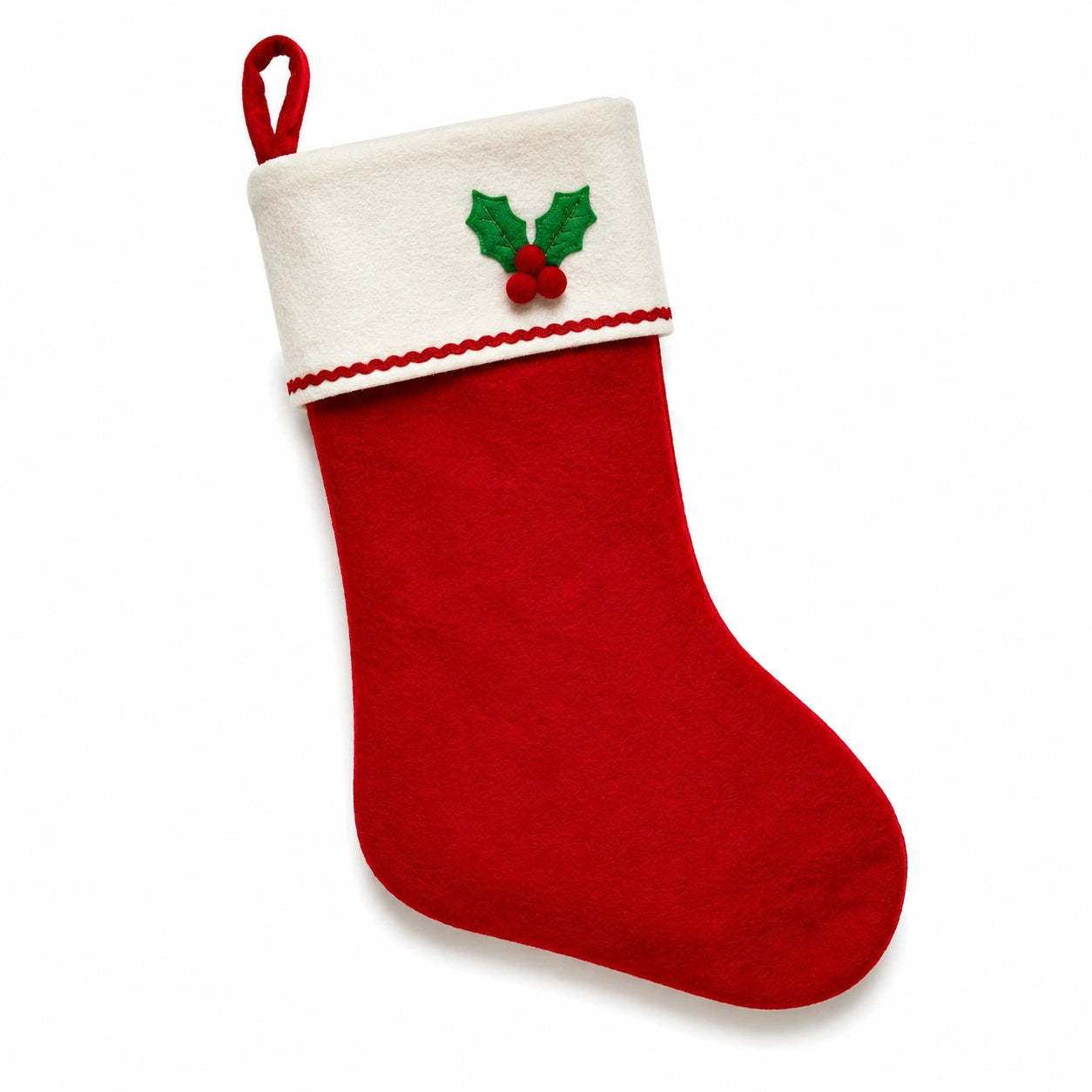Calza decorativa da appendere in feltro rosso e bianco con motivo agrifoglio