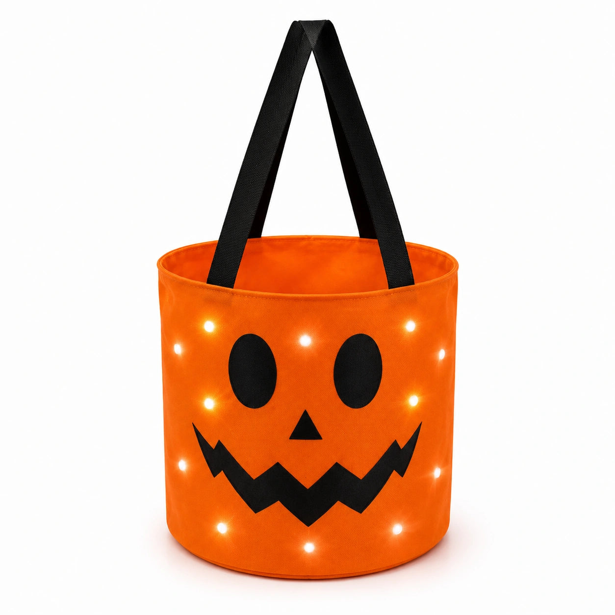 Borsa portadolci zucca diametro 30 cm altezza 28 cm in tessuto arancione con luci decorative