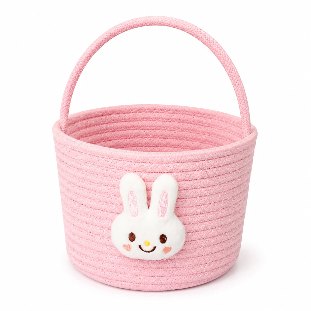 Cestino portaoggetti rotondo 20 x 16 cm in fibra tessile rosa con manico e coniglio