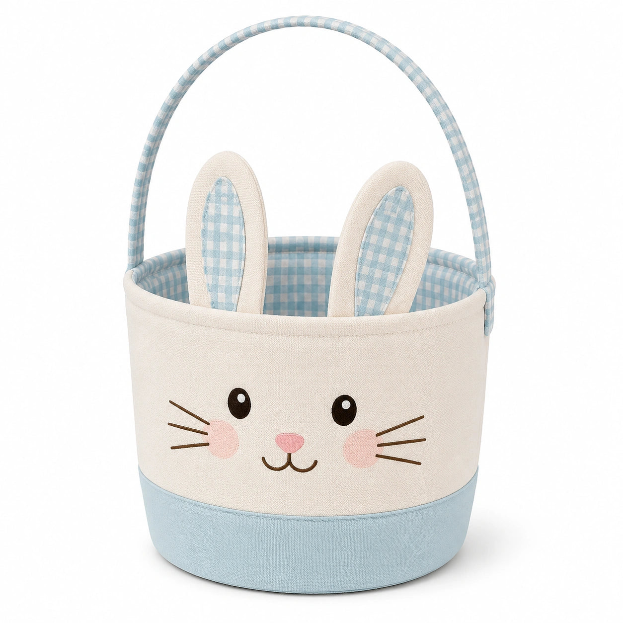 Cesto portagiochi rotondo 35 cm in tessuto bianco e azzurro con manico e motivo coniglio