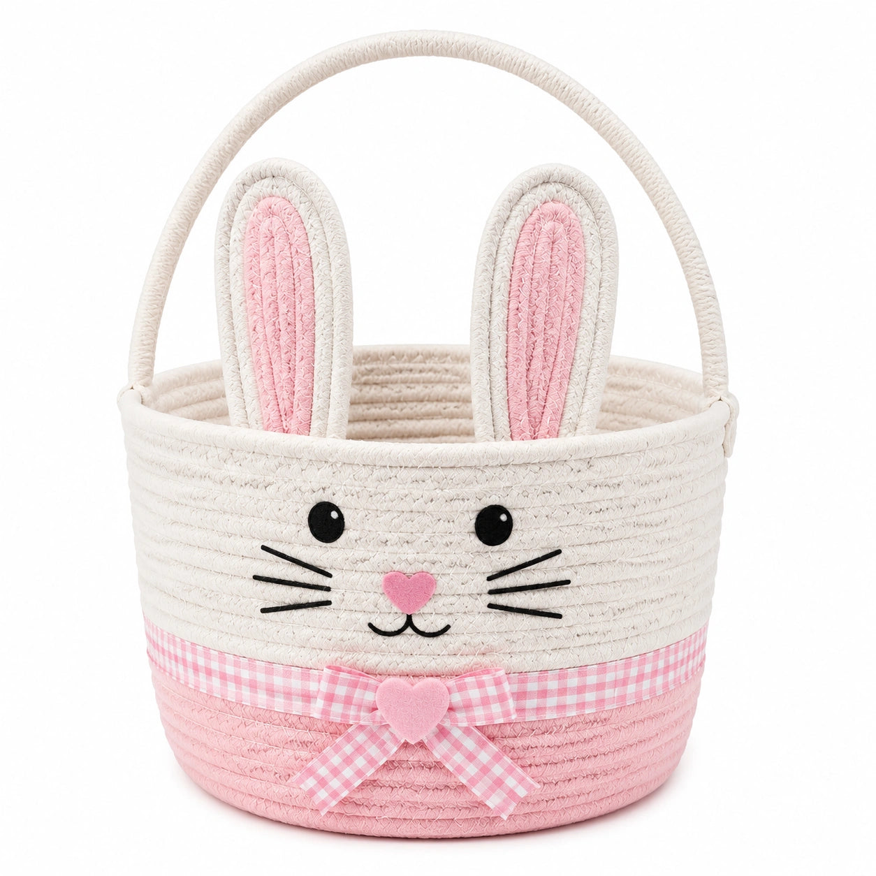 Cesto portaoggetti rotondo 30 x 25 cm in corda di cotone bianco e rosa con manico e motivo coniglio