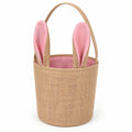 Cestino pasquale rotondo 20 x 18 cm in tessuto effetto juta beige e rosa con manico e orecchie di coniglio