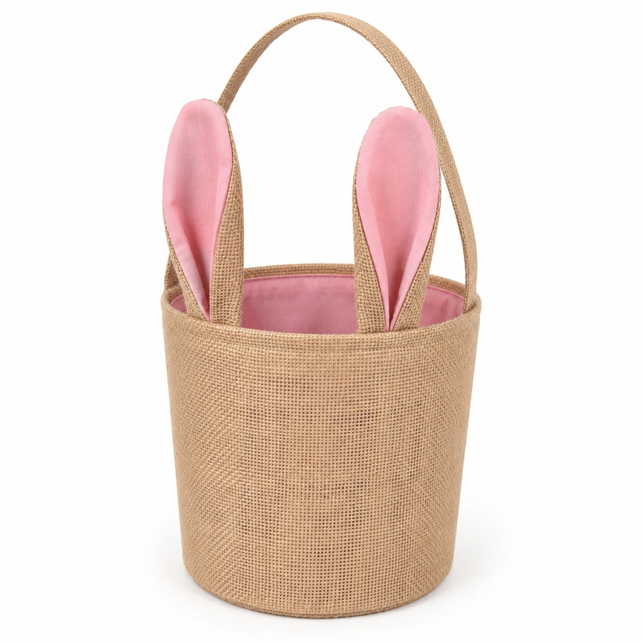 Cestino pasquale rotondo 20 x 18 cm in tessuto effetto juta beige e rosa con manico e orecchie di coniglio