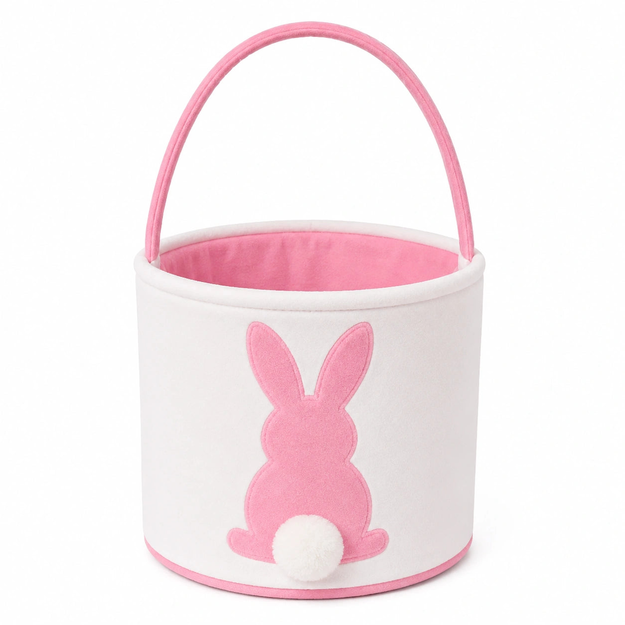 Cestino portaoggetti rotondo 30 x 25 cm in tessuto bianco e rosa con manico e motivo coniglio