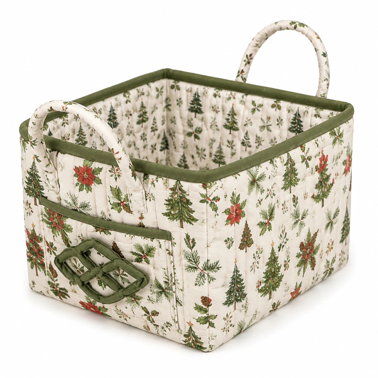 Cesto contenitore 35 x 25 x 30 cm in tessuto imbottito bianco verde con manici stile natalizio