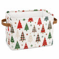Cesto portaoggetti 30 x 20 x 25 cm in tessuto bianco con alberi natalizi e manici marroni pieghevole