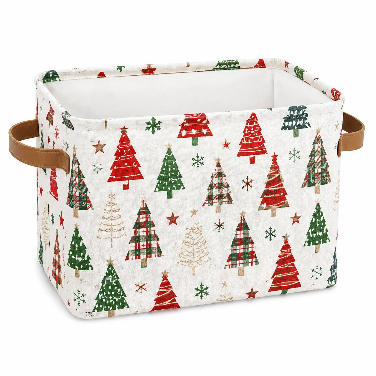 Cesto portaoggetti 30 x 20 x 25 cm in tessuto bianco con alberi natalizi e manici marroni pieghevole