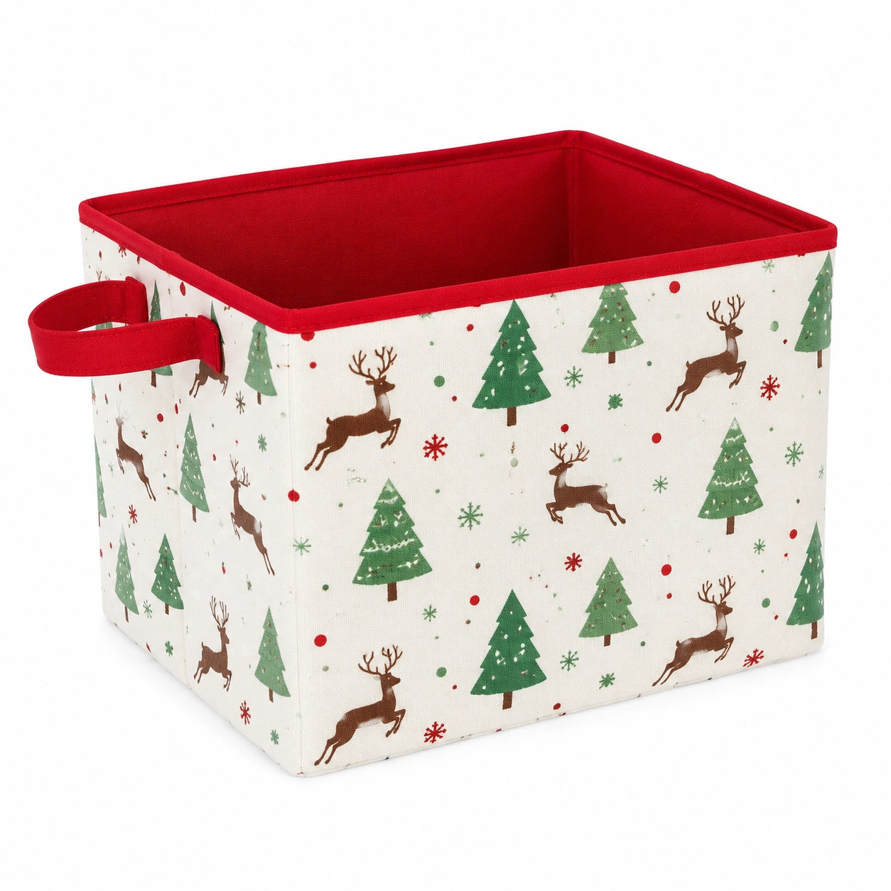 Cesto portaoggetti 33 x 33 x 33 cm in tessuto bianco e rosso con manici - motivo natalizio pieghevole