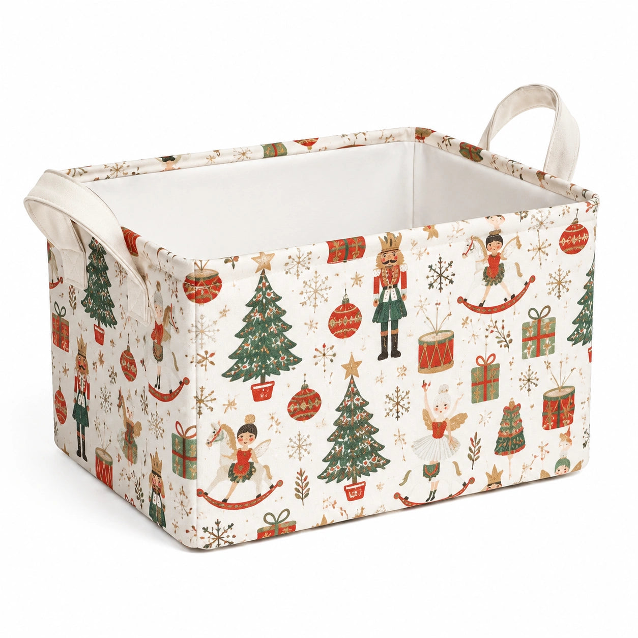 Cestino portatutto in tessuto 38 x 26 x 25 cm bianco con stampa natalizia e manici