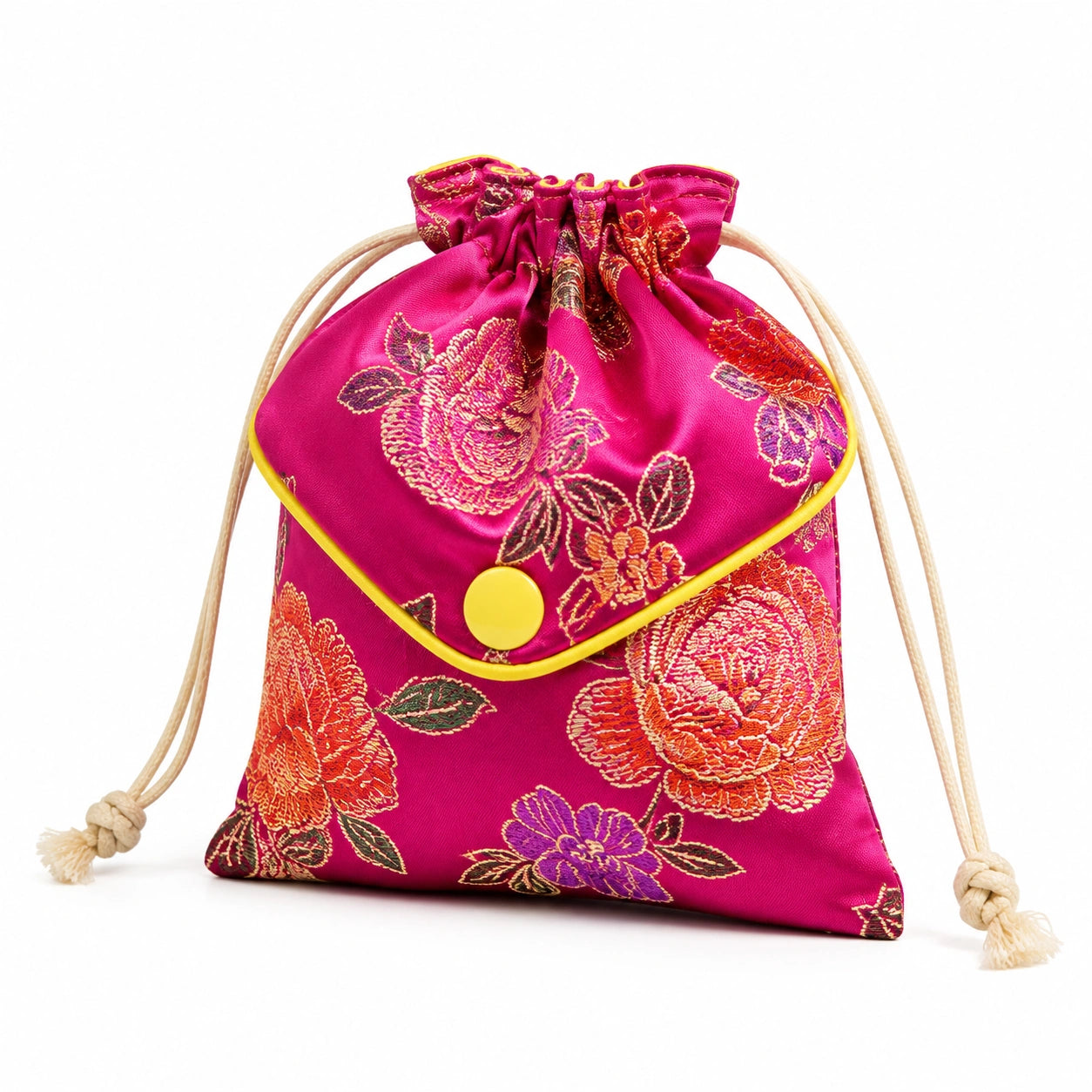 Sacchetto con coulisse 18 x 15 cm in tessuto satinato fucsia con ricamo floreale