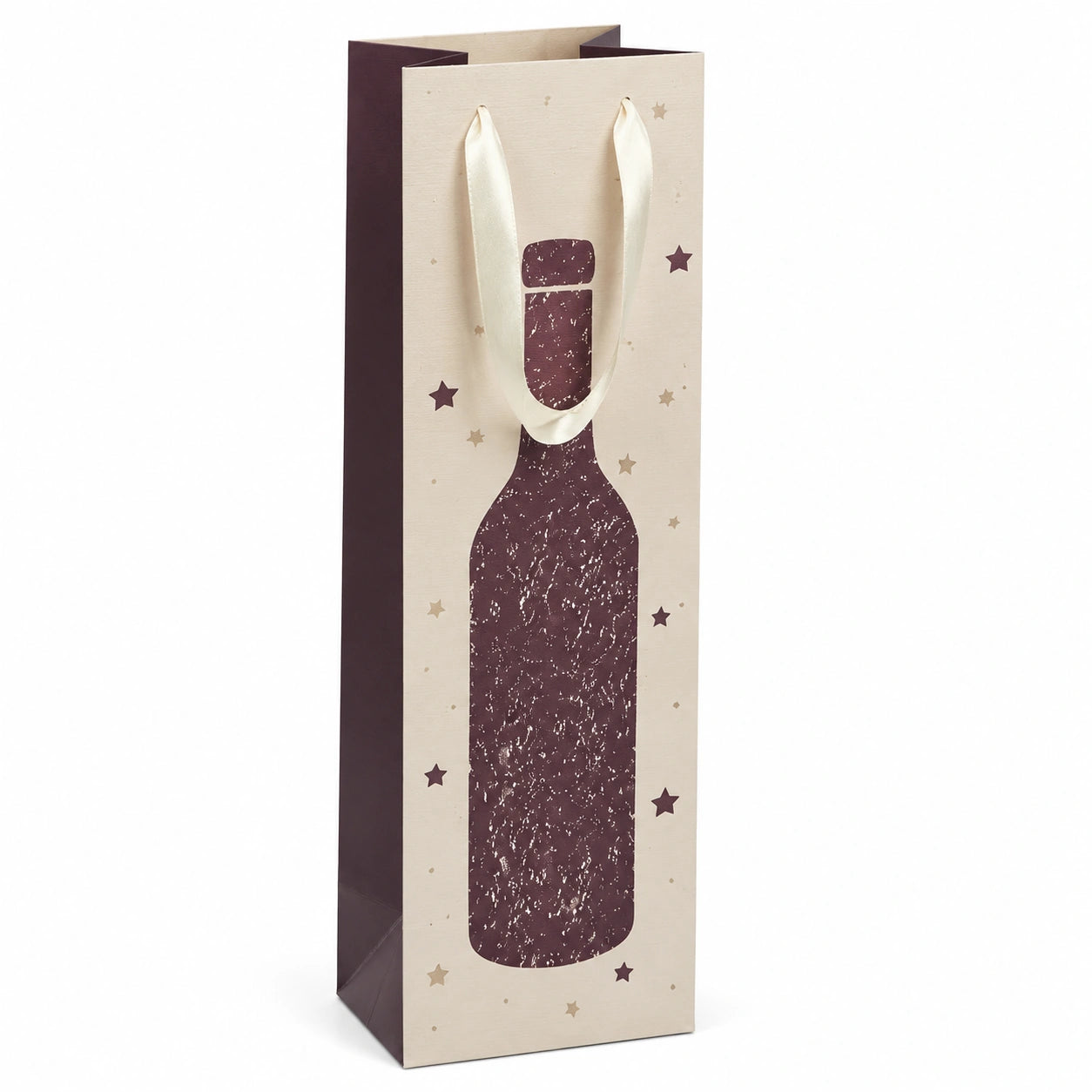 Busta regalo per bottiglia 12 x 9 x 36 cm in carta beige e bordeaux con manici in nastro stile festivo