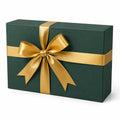 Scatola regalo rettangolare 30 x 20 x 10 cm in cartone verde con nastro dorato decorativo