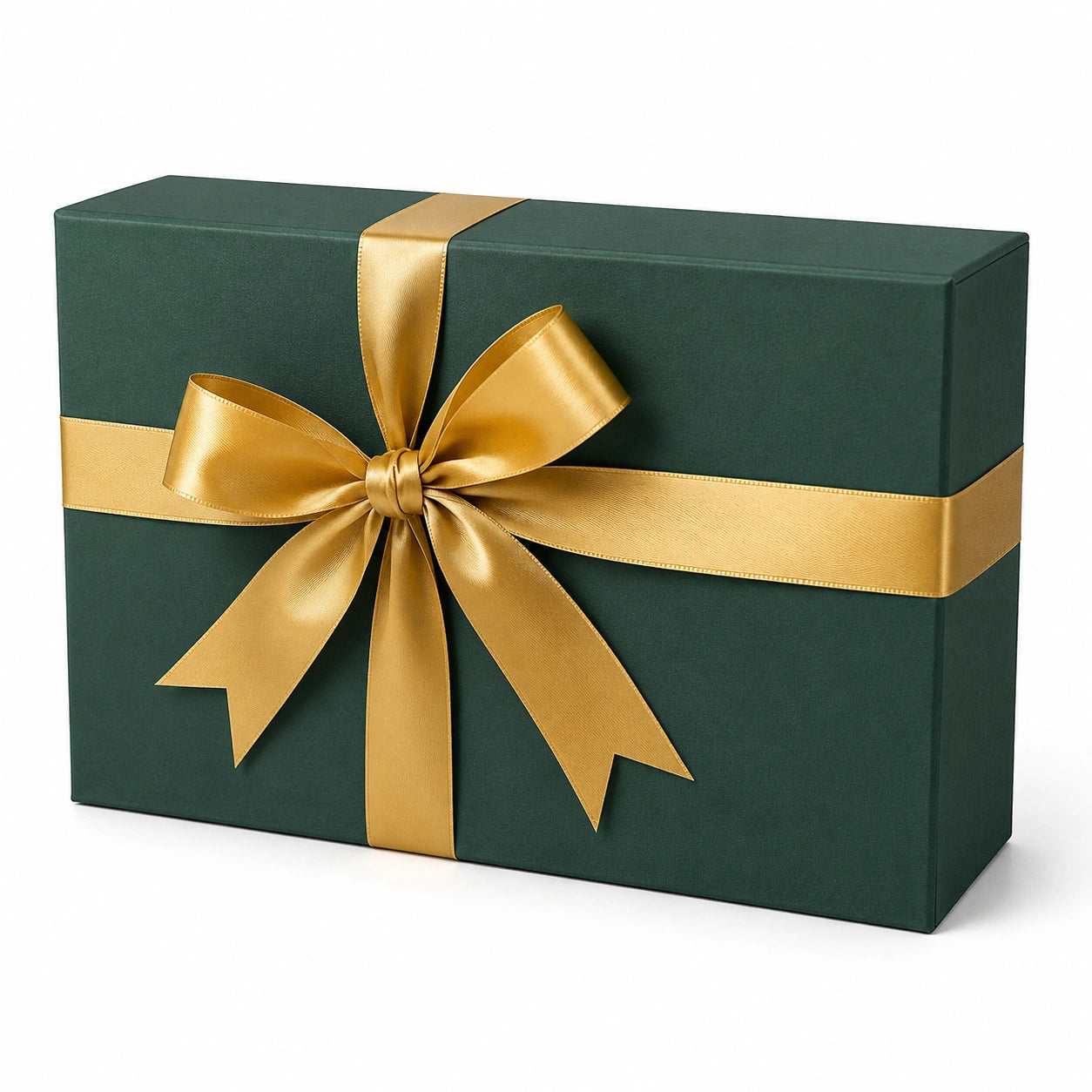 Scatola regalo rettangolare 30 x 20 x 10 cm in cartone verde con nastro dorato decorativo