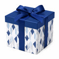 Scatola regalo 20 x 20 x 20 cm in cartone blu con nastro decorativo stile geometrico