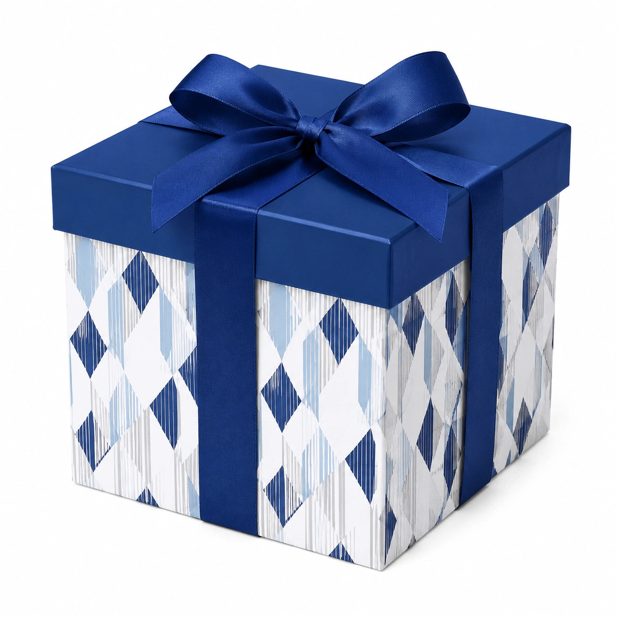 Scatola regalo 20 x 20 x 20 cm in cartone blu con nastro decorativo stile geometrico
