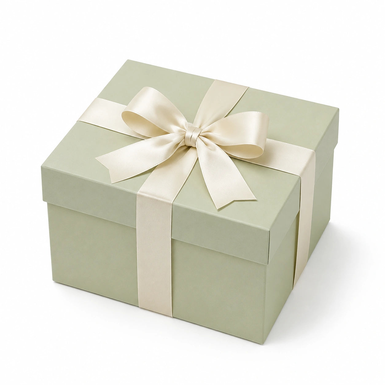 Scatola regalo quadrata 25 x 25 x 15 cm in cartone verde salvia con nastro avorio stile elegante