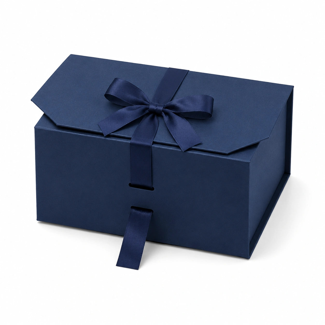 Scatola regalo 20 x 20 x 12 cm in cartone blu navy con nastro in raso e chiusura a fiocco