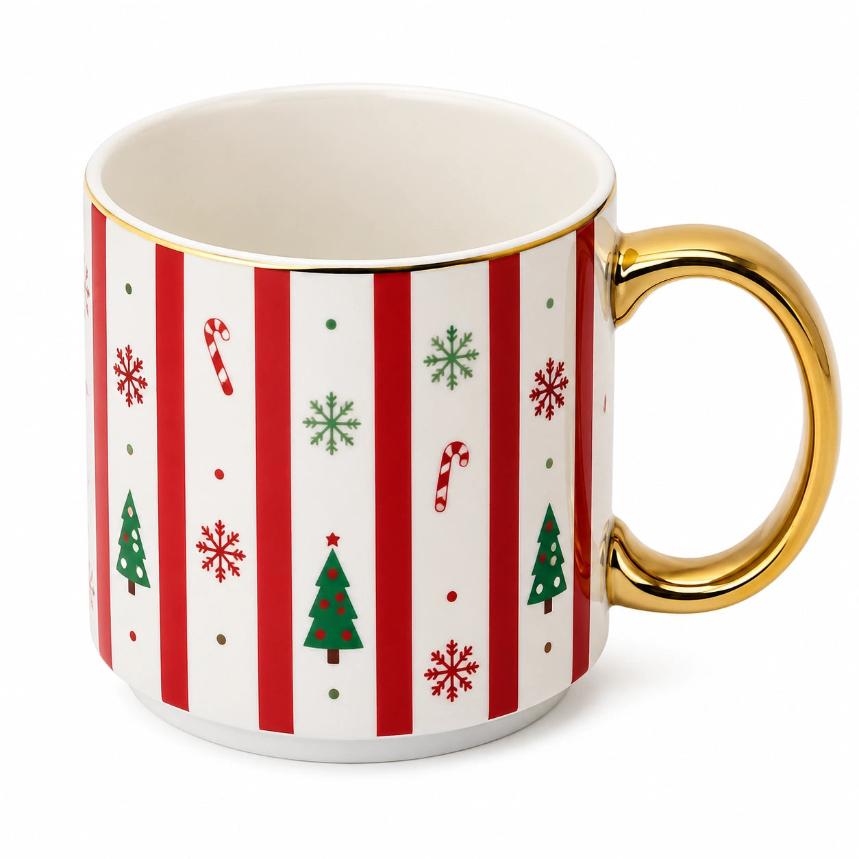 Tazza 350 ml in ceramica bianca e rossa con manico dorato - stile natalizio