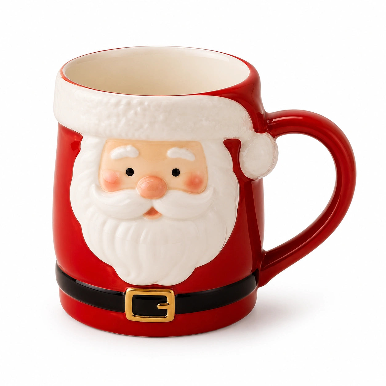 Tazza natalizia in ceramica 11 cm rossa e bianca con manico e rilievo Babbo Natale